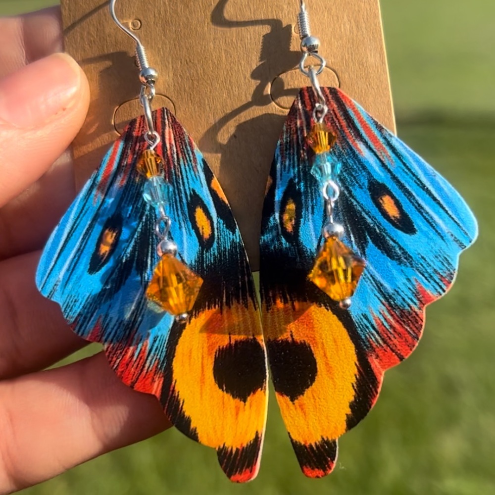 Gold & Blue Butterfly wings with crystal bead Earrings